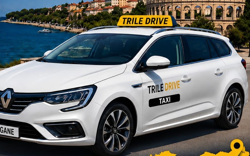 Bijeli Renault Megane Grandtour taksi vozilo Trile Drive uz obalu u Puli